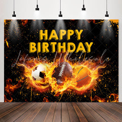 Lofaris Black Yellow Fire Sports Happy Birthday Backdrop