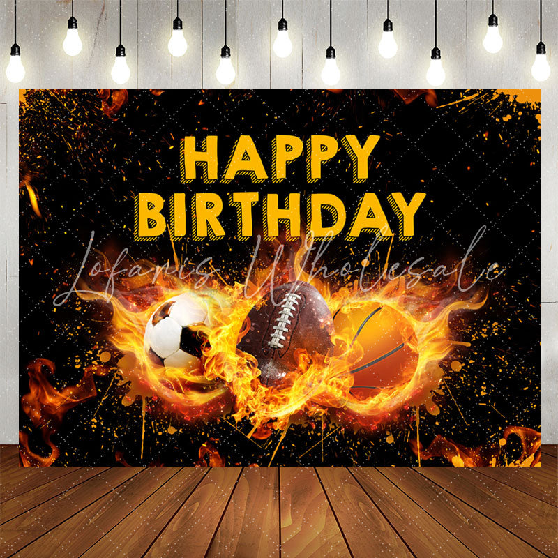 Lofaris Black Yellow Fire Sports Happy Birthday Backdrop