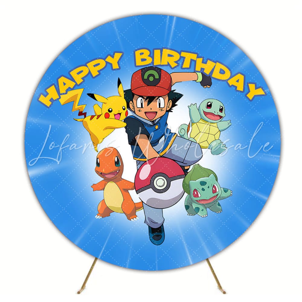 Blue Adventurous Pokemon Genie Round Happy Birthday Backdrop For Boys