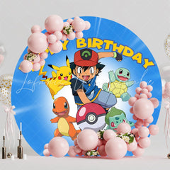 Blue Adventurous Pokemon Genie Round Happy Birthday Backdrop For Boys