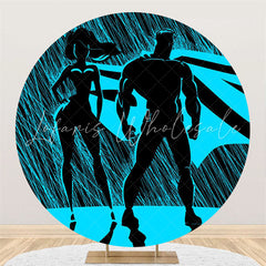 Lofaris Blue And Black Round Cartoon Hero Birthday Backdrop