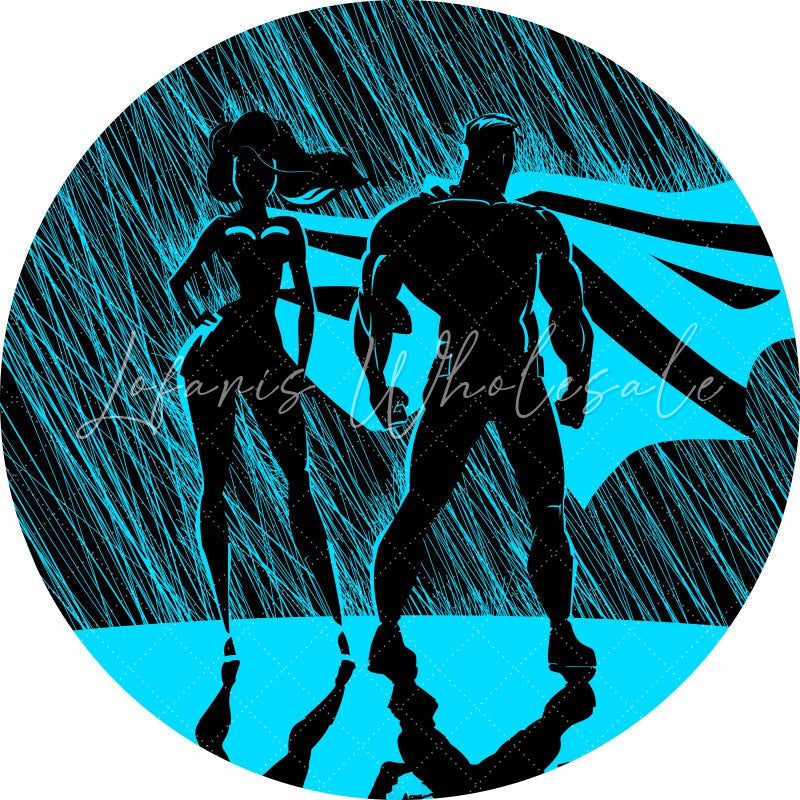 Lofaris Blue And Black Round Cartoon Hero Birthday Backdrop