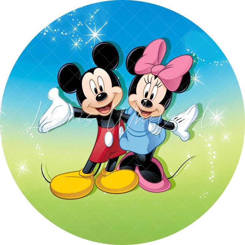 Lofaris Blue And Cyan Cartoon Mouse Round Birthday Backdrop