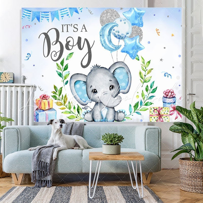 Lofaris Blue And Glitter Balloon Elephant Baby Shower Backdrop