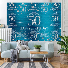 Lofaris Blue And Glitter Bokeh Happy 50Th Birthday Backdrop