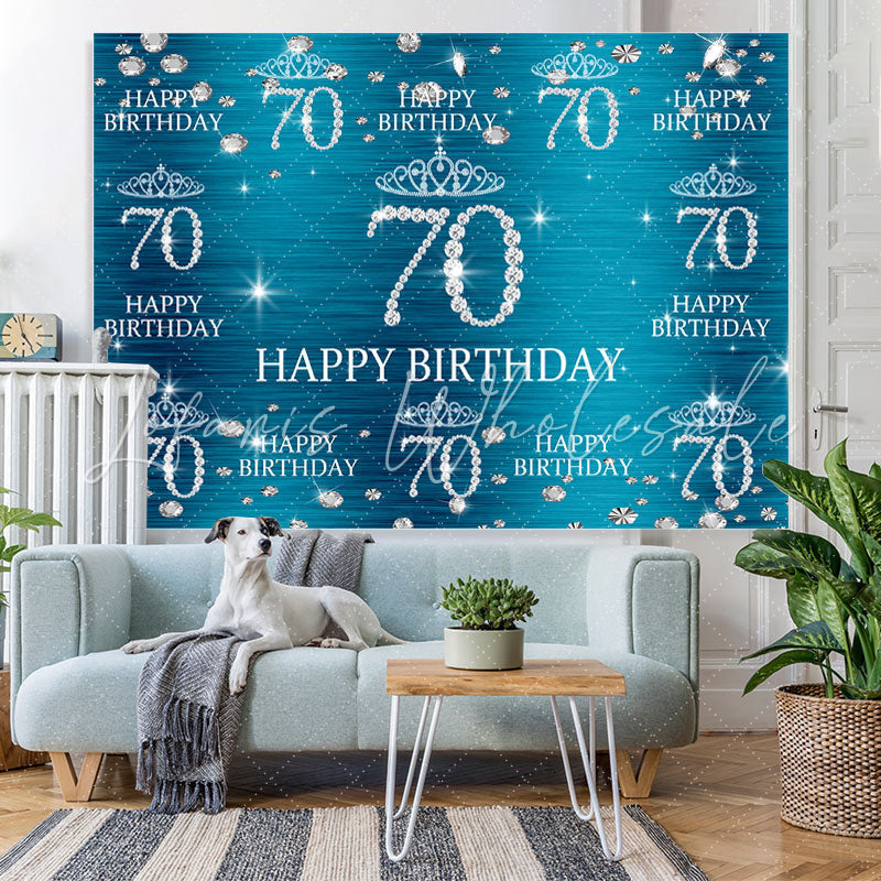 Lofaris Blue And Glitter Crown Happy 70Th Birthday Backdrop