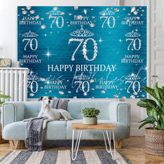 Lofaris Blue And Glitter Crown Happy 70Th Birthday Backdrop
