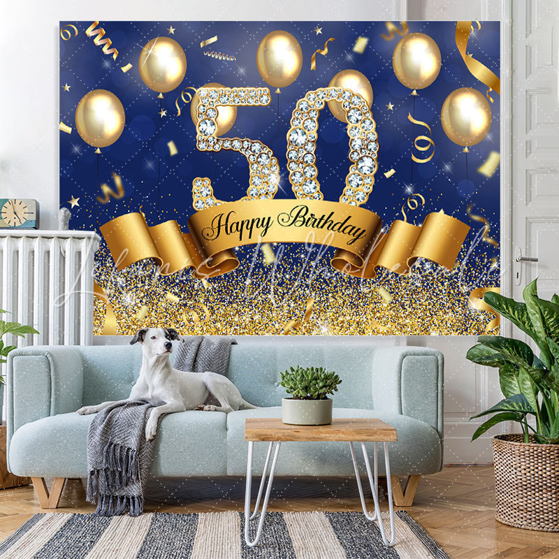 Lofaris Blue And Golden Balloon Happy 50Th Birthday Backdrop