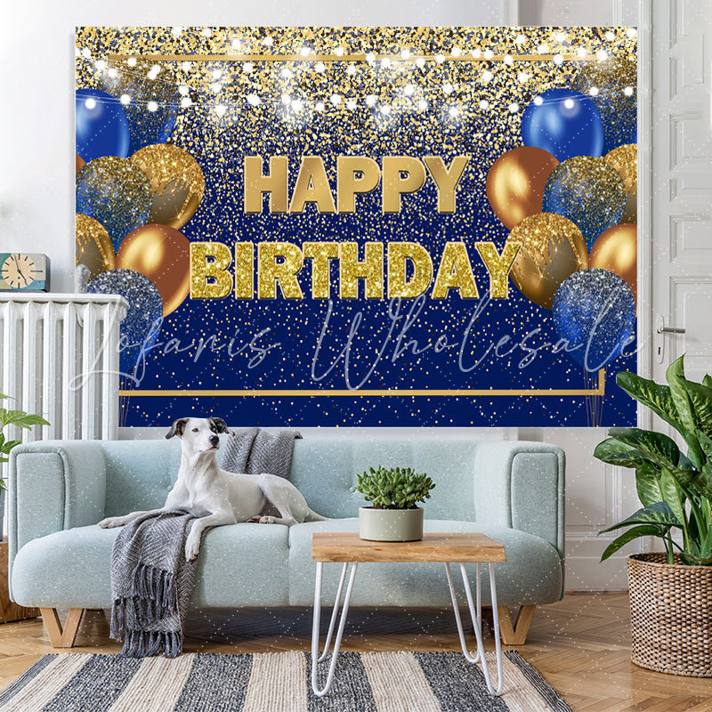 Lofaris Blue and Golden Balloon Lights Happy Birthday Backdrop