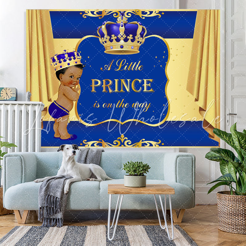 Lofaris Blue and Golden Crown Baby Shower Backdrop for Prince
