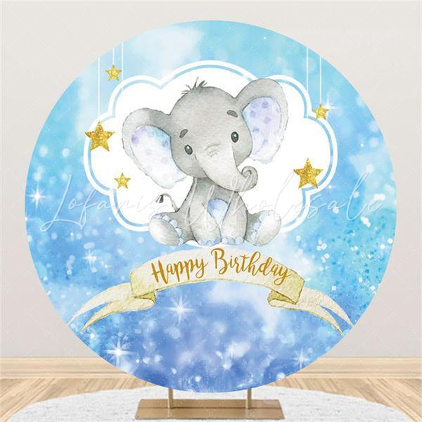 Lofaris Blue And Lovely Elephant Circle Happy Birthday Backdrop
