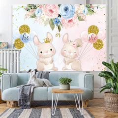 Lofaris Blue And Pink Floral Ballon Rabbit Baby Shower Backdrop