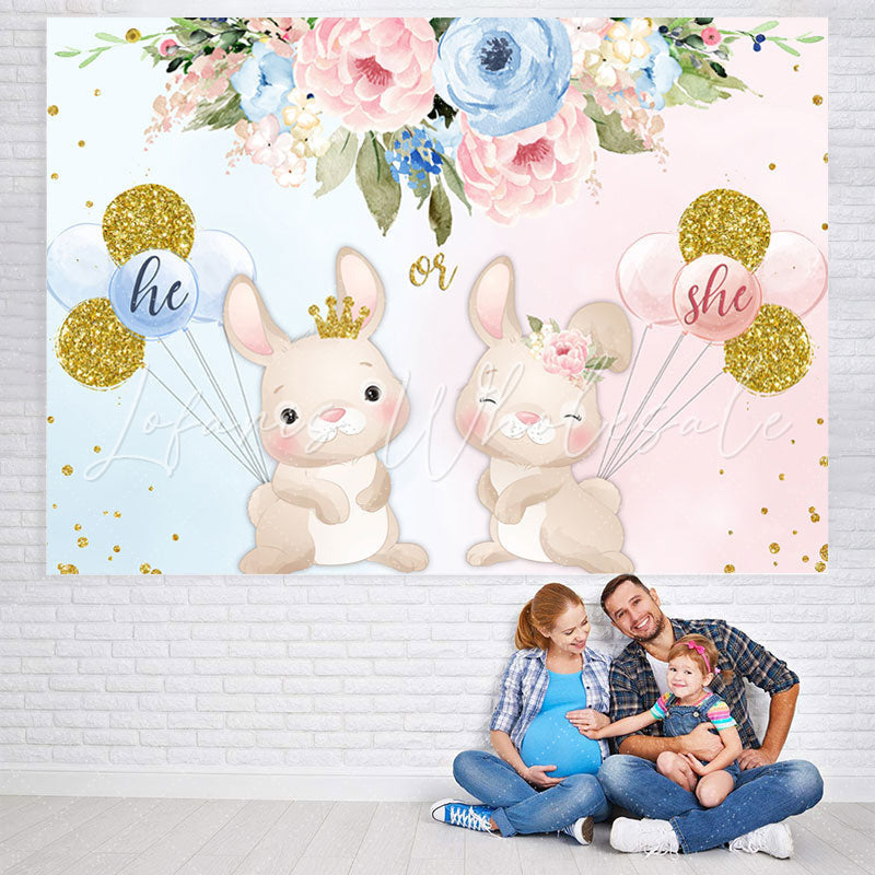 Lofaris Blue And Pink Floral Ballon Rabbit Baby Shower Backdrop