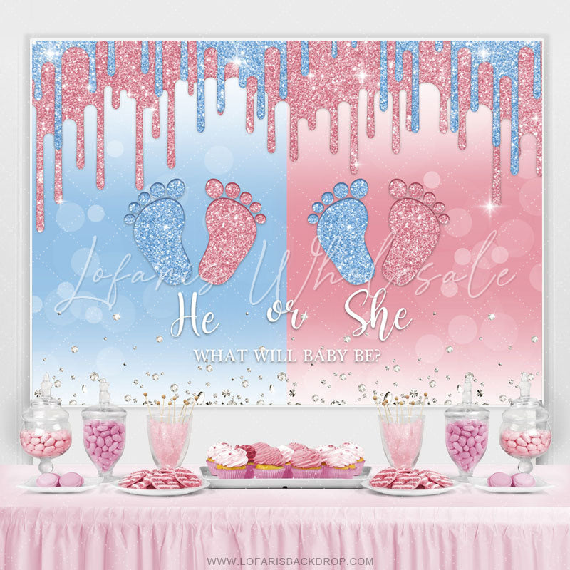 Lofaris Blue And Pink Glitter Foot He Or She Baby Shower Backdrop