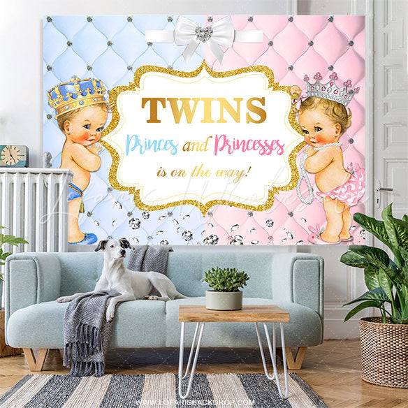 Lofaris Blue And Pink Glitter Twins Baby Shower Backdrop