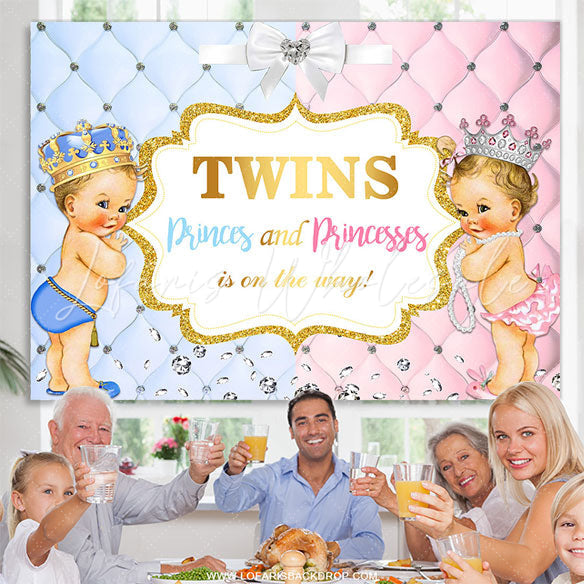 Lofaris Blue And Pink Glitter Twins Baby Shower Backdrop