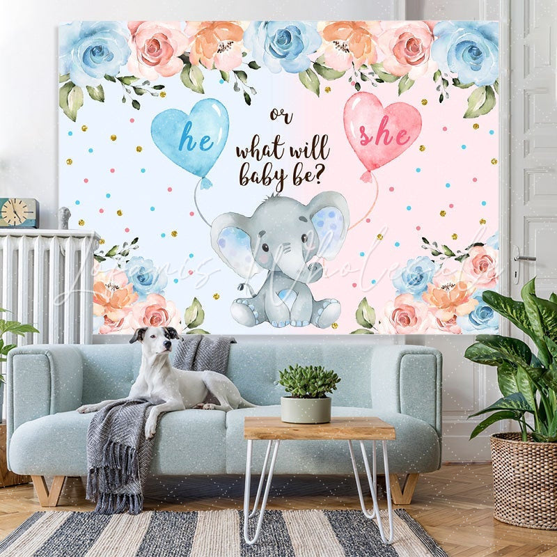 Lofaris Blue And Pink He Or She Elephant Baby Shower Backdrop