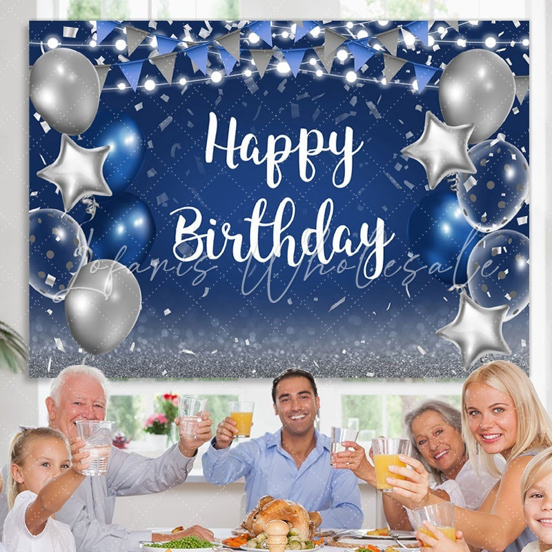 Lofaris Blue and Silver Star Balloon Happy Birthday Backdrop