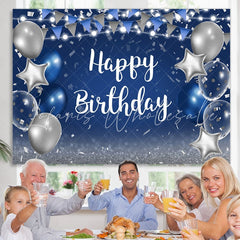 Lofaris Blue and Silver Star Balloon Happy Birthday Backdrop