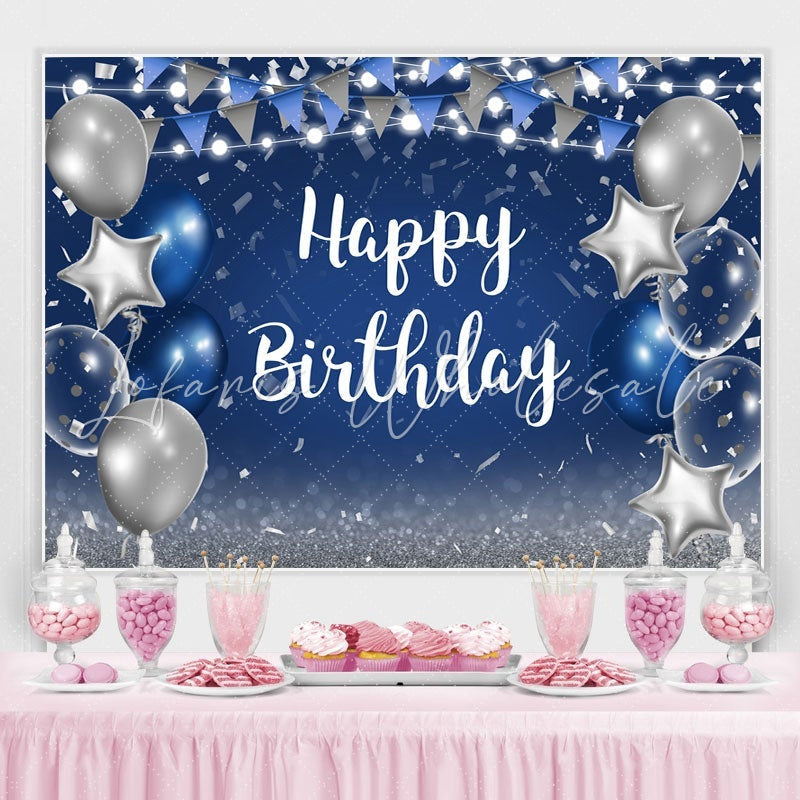 Lofaris Blue and Silver Star Balloon Happy Birthday Backdrop