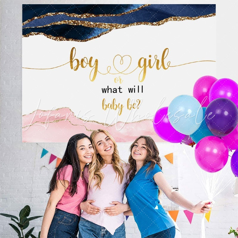 Lofaris Blue And Soft Pink Glitter Golden Baby Shower Backdrop