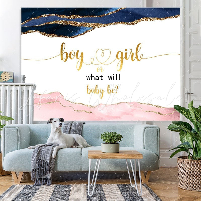 Lofaris Blue And Soft Pink Glitter Golden Baby Shower Backdrop