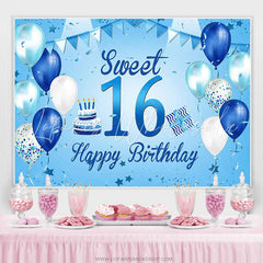 Lofaris Blue And White Ballons Happy 16th Birthday Backdrop