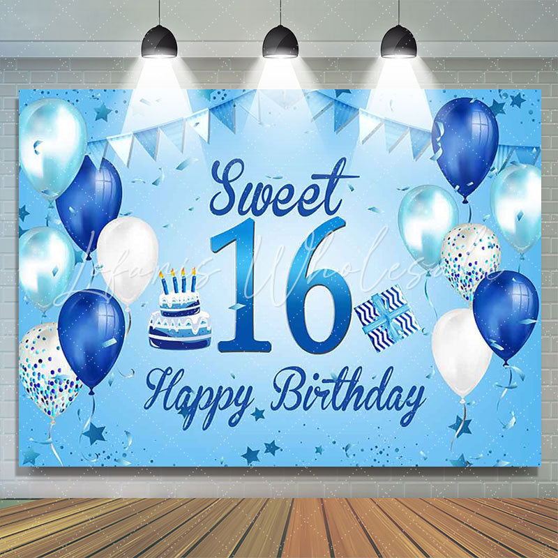 Lofaris Blue And White Ballons Happy 16th Birthday Backdrop