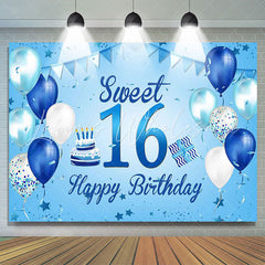 Lofaris Blue And White Ballons Happy 16th Birthday Backdrop