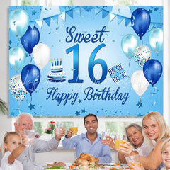 Lofaris Blue And White Ballons Happy 16th Birthday Backdrop