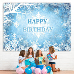 Lofaris Blue And White Snowy Winter Happy Birthday Backdrop