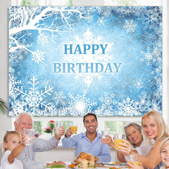 Lofaris Blue And White Snowy Winter Happy Birthday Backdrop