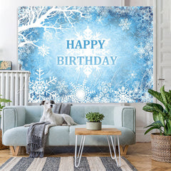 Lofaris Blue And White Snowy Winter Happy Birthday Backdrop