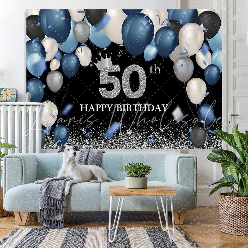 Lofaris Blue Balloon 50th Birthday Glitter Black Backdrop