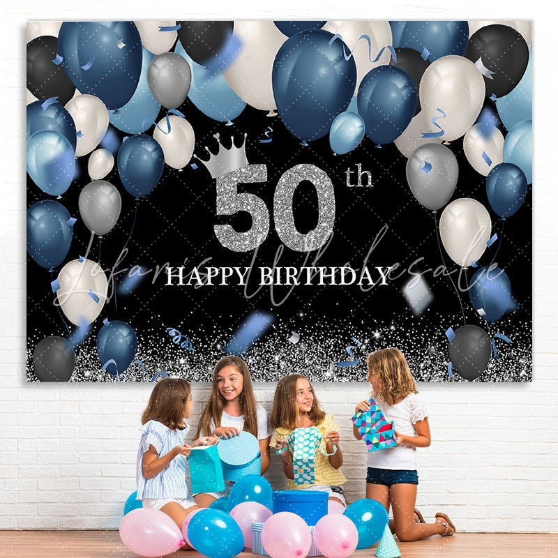 Lofaris Blue Balloon 50th Birthday Glitter Black Backdrop
