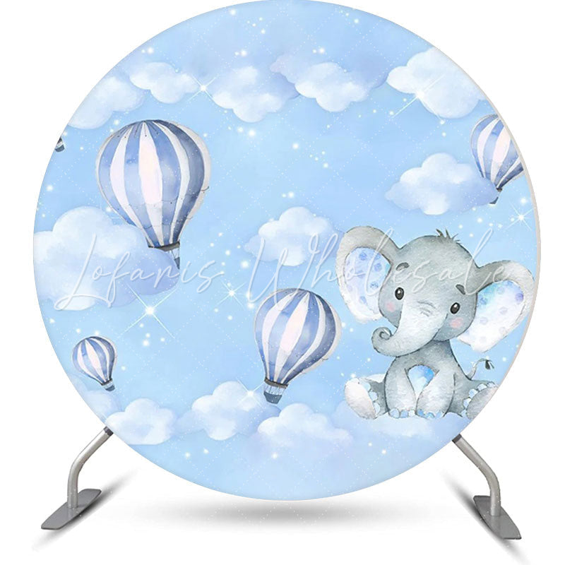 Lofaris Blue Balloon Elephant Sky Round Baby Shower Backdrop