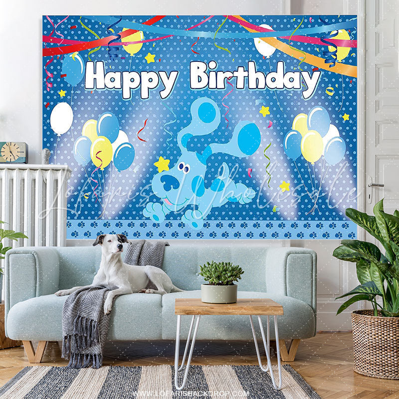 Lofaris Blue Balloons And Flags Cartoon Dog Birthday Backdrop