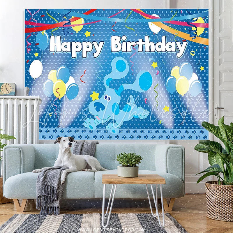 Lofaris Blue Balloons And Flags Cartoon Dog Birthday Backdrop