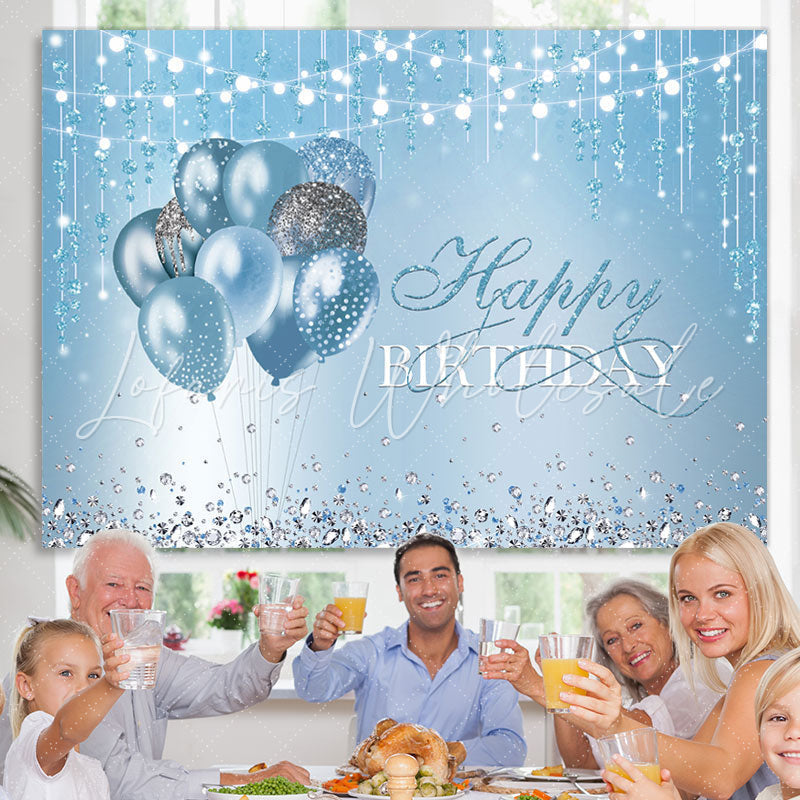 Lofaris Blue Balloons Diamonds String Lights Happy Birthday Backdrop