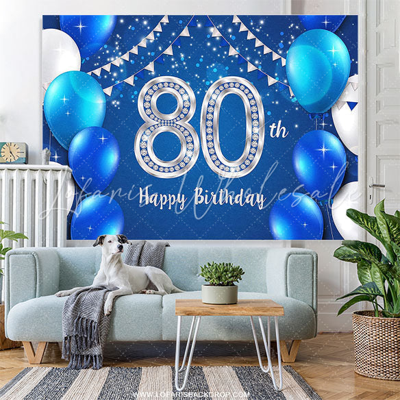 Lofaris Blue Balloons Silver Happy 80Th Birthday Party Backdrop