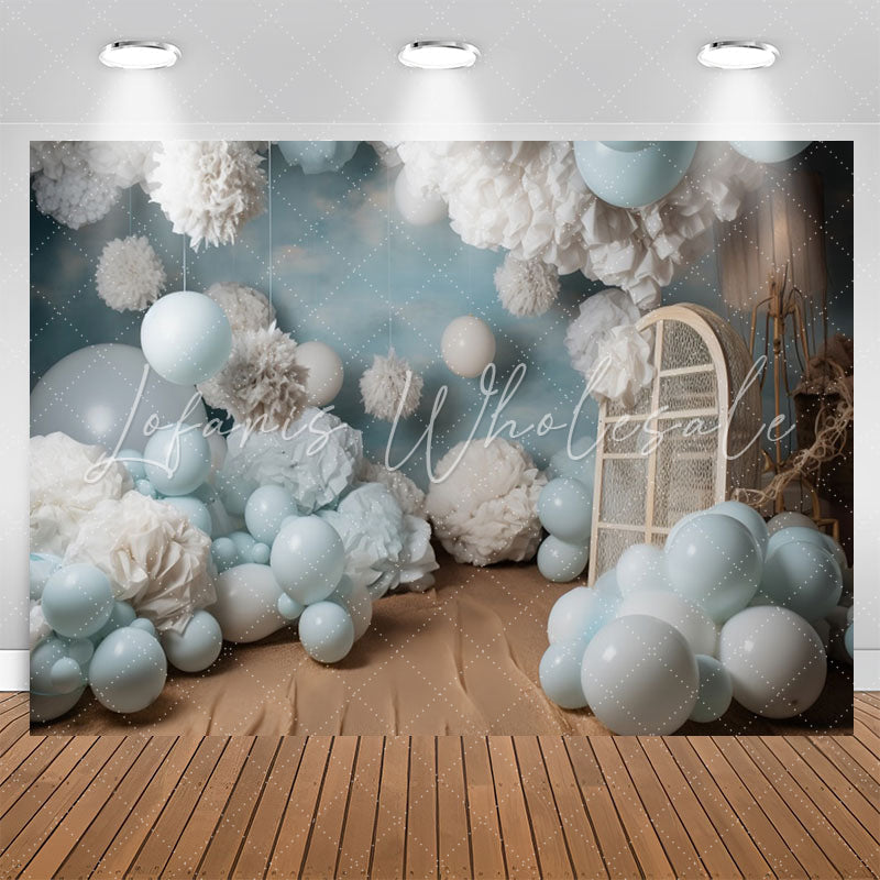 Lofaris Blue Balloons White Velvet Flower Birthday Backdrop