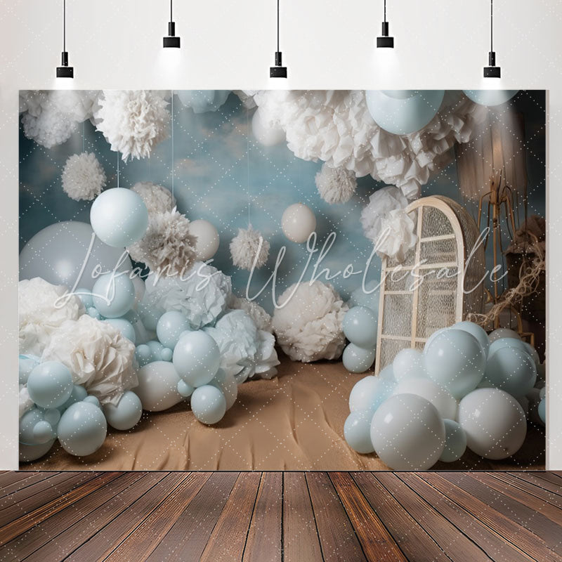 Lofaris Blue Balloons White Velvet Flower Birthday Backdrop
