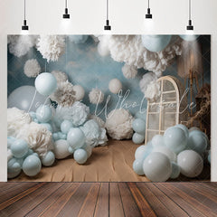 Lofaris Blue Balloons White Velvet Flower Birthday Backdrop