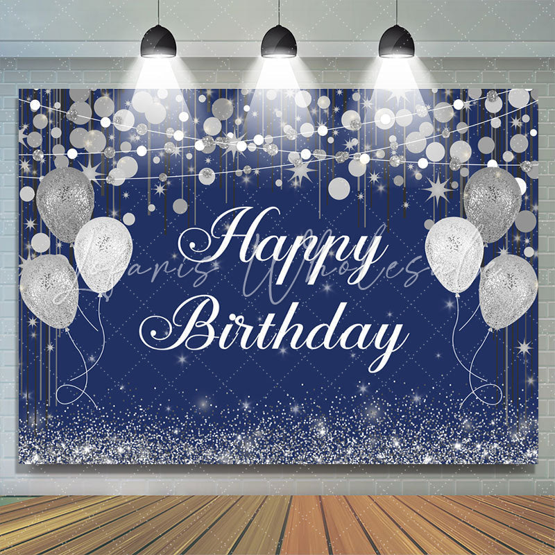 Lofaris Blue Boken and Silver Balloon Happy Birthday Backdrop