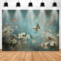 Lofaris Blue Butterfly And White Flowers Birthday Backdrop
