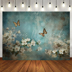 Lofaris Blue Butterfly And White Flowers Birthday Backdrop