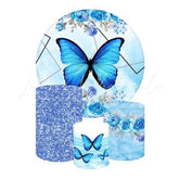 Blue Butterfly Themed Round Backdrop and Cylinders Kit for Decor