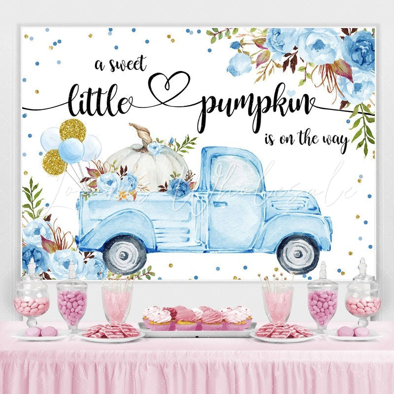 Lofaris Blue Car and Florals Pumpkin Baby Shower Backdrop