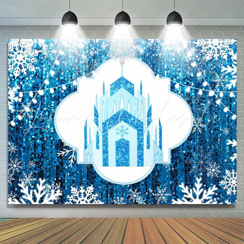 Lofaris Blue Castle And White Snowflake Christmas Backdrop