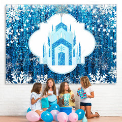 Lofaris Blue Castle And White Snowflake Christmas Backdrop